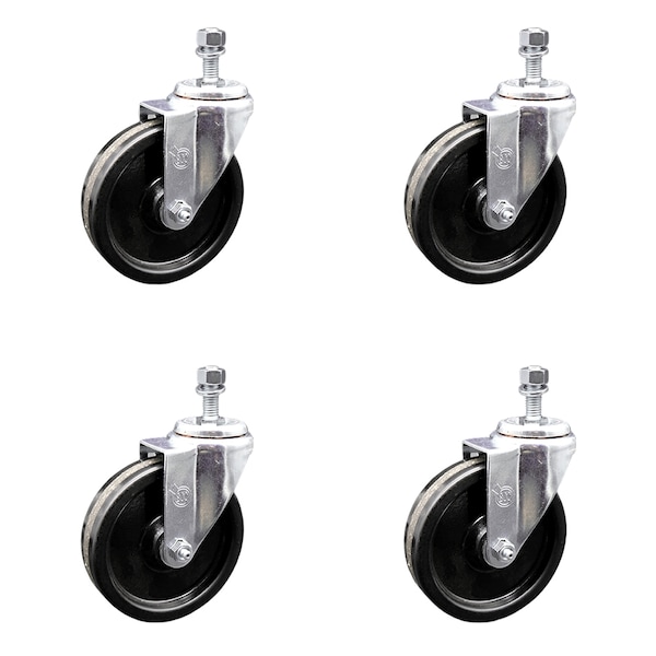 5 Inch SS Phenolic Wheel Swivel 3/8 Inch Threaded Stem Caster Set